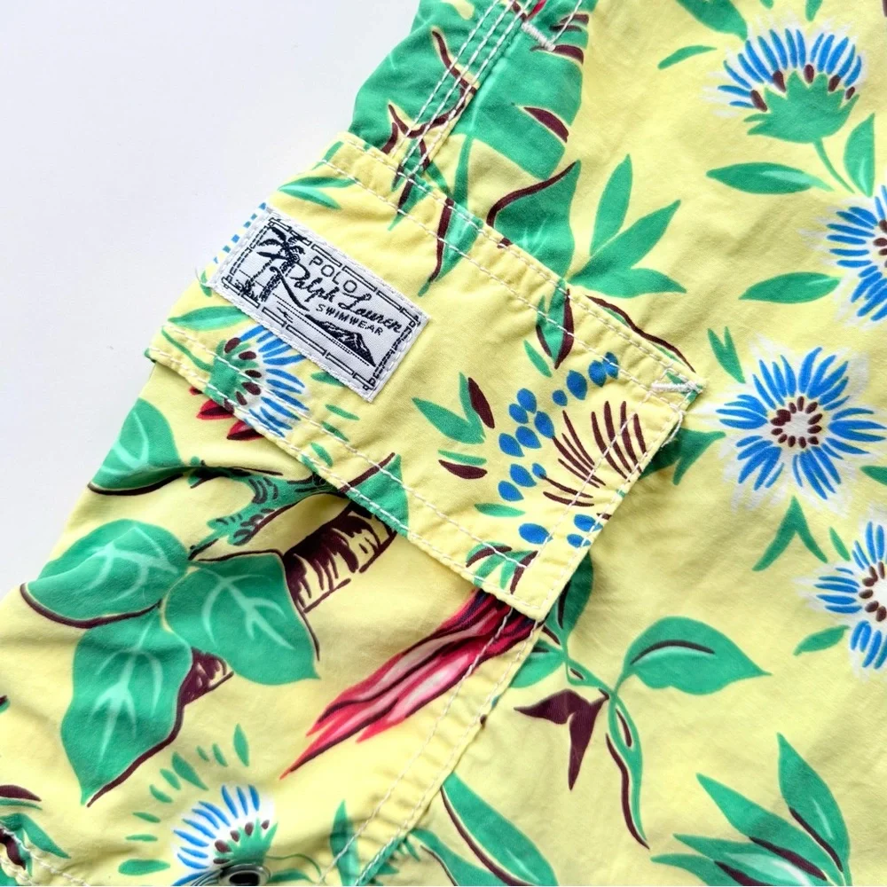 Vintage Polo Ralph Lauren Yellow Tropical Parrot Print Swim Trunks Size M